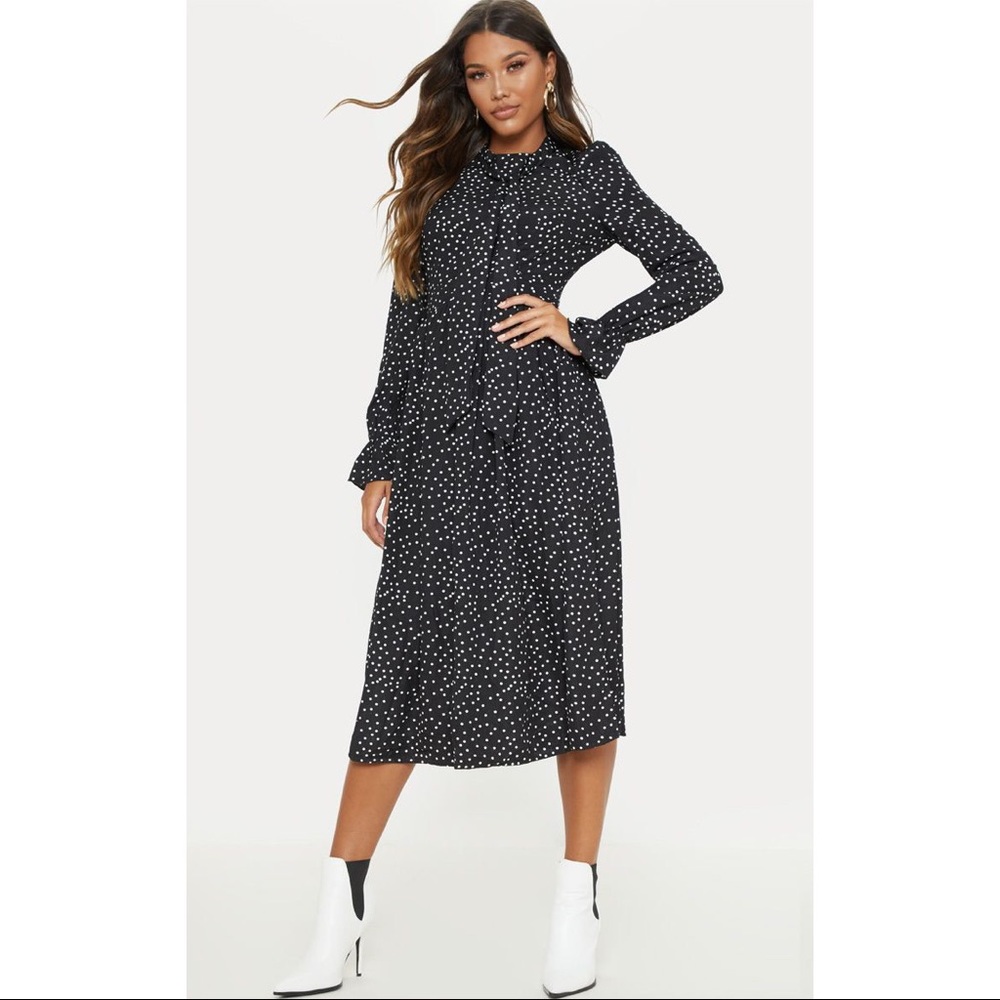 Black Polka Dot Tie Neck Floaty Midi Dress